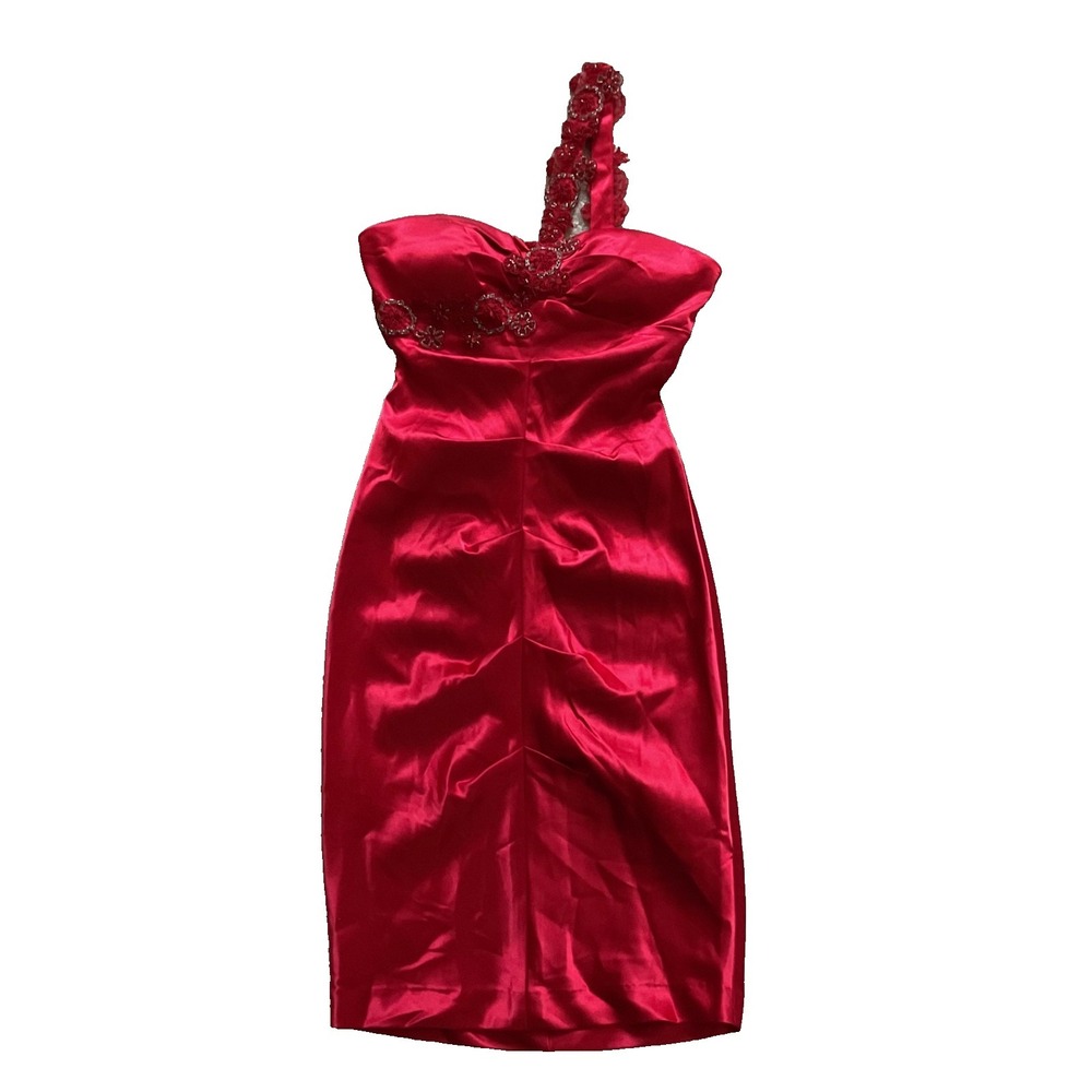 XSCAPE Joanna Chen Beaded Red Satin One Shoulder Bodycon Dress Sz 4 Ruched Prom